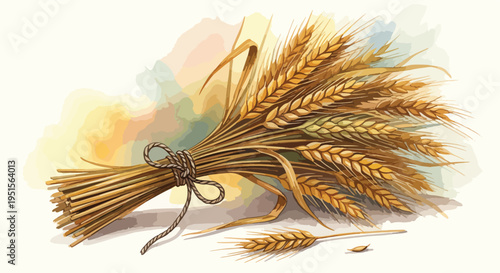 Illustration of a tied bundle of golden wheat stalks with a few loose grains on a white background with soft watercolor texture.