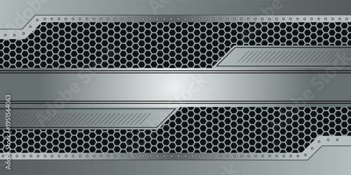 Horizontal metallic background with perforated elements and place for text. Vector illustration.