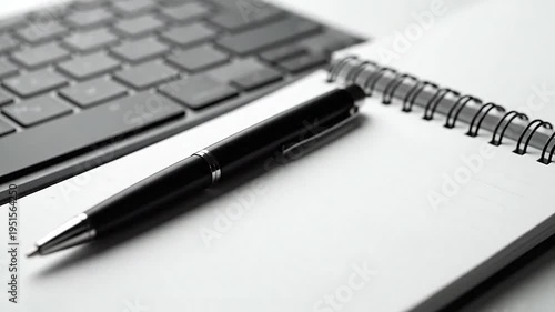 A black pen rests on a white spiral notebook next to a blurred keyboard