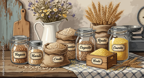 Still life of various grains and cereals in jars on a rustic wooden table with a bouquet of flowers and a kitchen scale in the background.