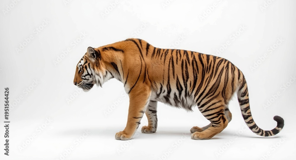 Obraz premium Profile shot of a tiger retreating on a white studio backdrop