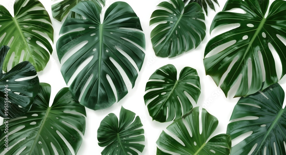 Fototapeta premium Lush tropical monstera leaves display vibrant foliage against a clean white background for botanical design