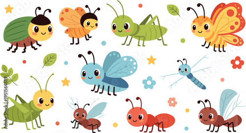 Cute cartoon insects vector illustration set with grasshopper, butterfly, dragonfly, beetle and ants, colorful bug characters for kids nature design
