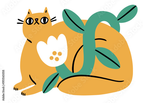 A chunky, mustard-yellow cat sits comfortably behind a white tulip and a winding teal vine. Its wide-eyed expression and simple black whiskers create a cozy, heartwarming, and quirky folk-art feel.