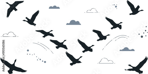 Flying birds silhouettes vector illustration set with flock in sky, minimal wildlife scene with clouds and motion, nature design collection