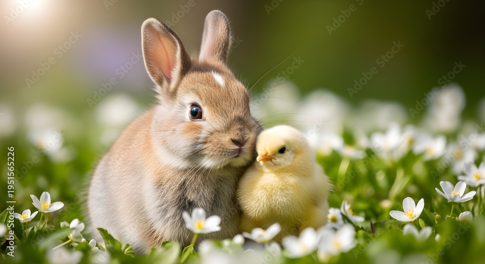 Fototapeta premium Cute Bunny and Baby Chick Sitting Together in a Spring Flower Field
