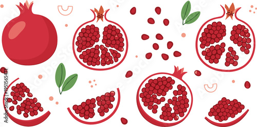 Pomegranate fruit vector illustration set with whole and sliced pieces, seeds and leaves, fresh healthy food elements for juice and nutrition design