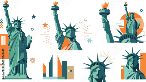 Statue of Liberty vector illustration set with iconic New York landmark, patriotic American symbol collection with modern graphic elements design