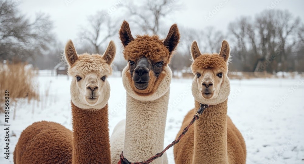 Obraz premium Happy alpacas enjoying a tranquil winter day on white snow covered lawn