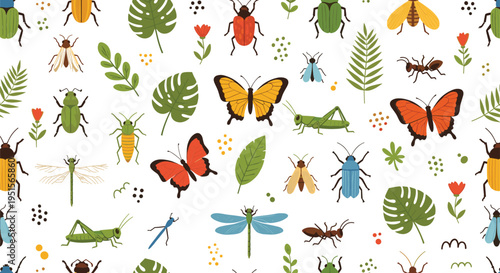 Colorful insects and butterflies vector illustration set with beetles, dragonflies and grasshoppers, detailed garden wildlife collection with leaves design