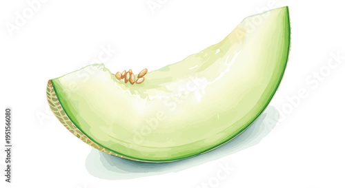A slice of fresh green melon on a white background with a subtle shadow underneath.