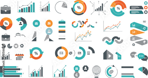 Business analytics icons vector illustration set with charts, graphs, data visualization and finance elements, modern infographic symbols collection design
