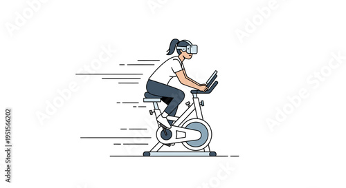 Woman in virtual reality headset cycling on a stationary bike, engaging in a futuristic digital fitness workout experience in the metaverse.