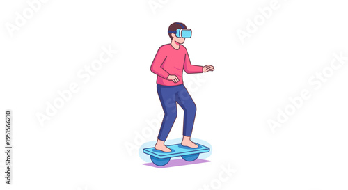 Man in VR headset on a futuristic balance board, experiencing virtual reality. Immersive metaverse gaming, digital entertainment, and future technology concept illustration.