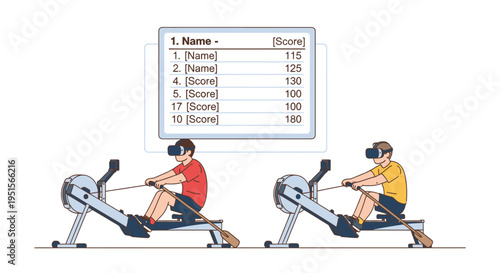 Two people in VR headsets rowing machines, competing and comparing scores on a leaderboard, illustrating virtual reality fitness and sports
