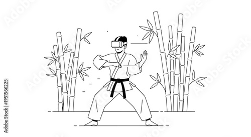 Karate practitioner wearing VR headset practicing martial arts in bamboo forest, futuristic training concept