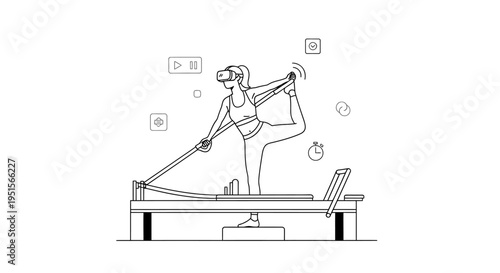 Woman in VR headset doing yoga on a reformer machine, futuristic fitness and technology concept