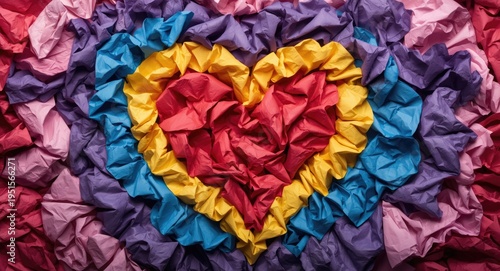 Multicolor crumpled papers creating a heart for customer brand journey