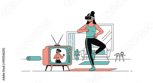 Woman exercising at home using VR headset and watching fitness class on vintage TV