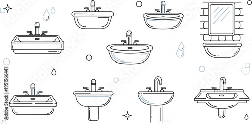 Bathroom sink icons vector illustration set with washbasins, faucets and mirror, minimal line art plumbing fixtures collection for home interior design