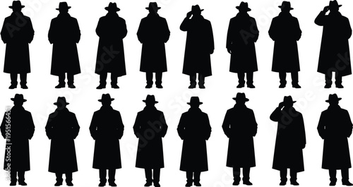 Detective silhouette characters vector set featuring mystery noir spy agents wearing trench coat and hat isolated investigator figures collection