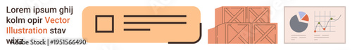 Supply chain, data trends, inventory tracking, logistics management, business insights, shipping processes. Contains crates, an ID badge and a data graph. Focus on supply chain and data trends