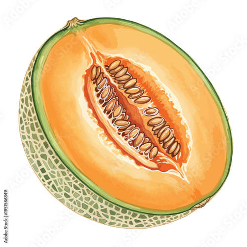 A realistic illustration of a halved cantaloupe with visible seeds against a clean white background.