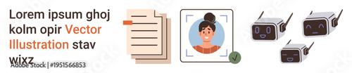 Identity verification, online security, digital authentication, personal data protection, surveillance, AI technology. A document, profile picture and cameras are . Identity verification and online