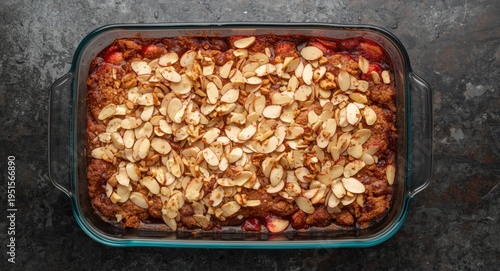 Overhead perspective of a glass baking dish filled with cranberry apple crumble garnished with almond flakes on a dark stone tabletop