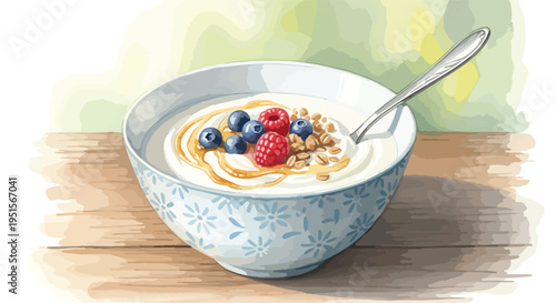 A bowl of yogurt topped with berries, granola, and honey on a wooden table with a spoon.