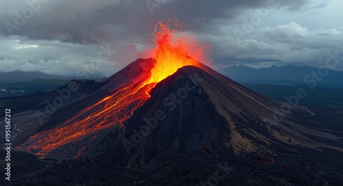 Lava pouring down volcano flank amid eruptive explosion
