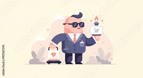 A cartoon businessman holds a torch and a lantern with a heart symbol