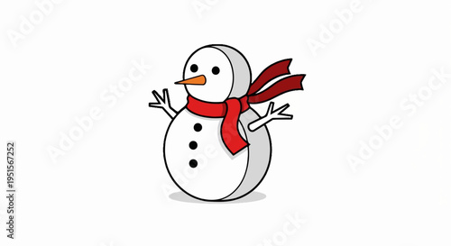 A charming, simple cartoon snowman with a red scarf and orange carrot nose