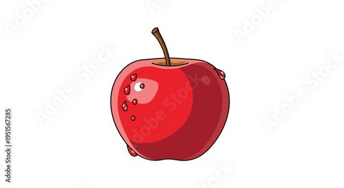 A single glossy red apple with a brown stem is depicted with multiple clear water droplets on its surface against a plain white background.