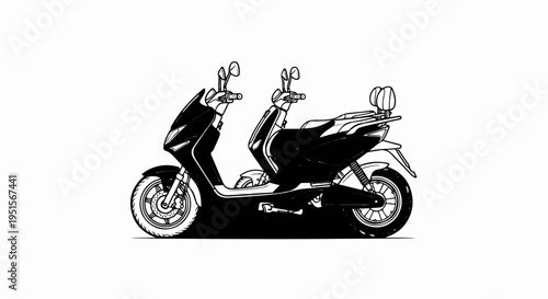 A detailed black and white line drawing of a modern scooter