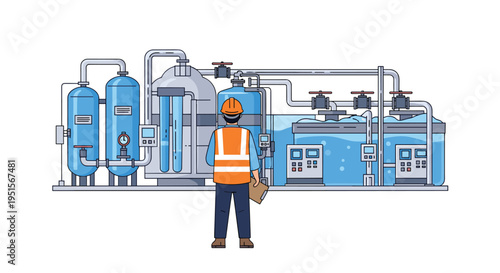 An engineer wearing a hard hat and an orange safety vest stands with a clipboard, observing a large industrial water treatment plant with blue tanks and pipes.