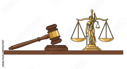 A wooden gavel rests on a sound block beside a golden Lady Justice statue holding scales, both positioned on a dark brown wooden surface.