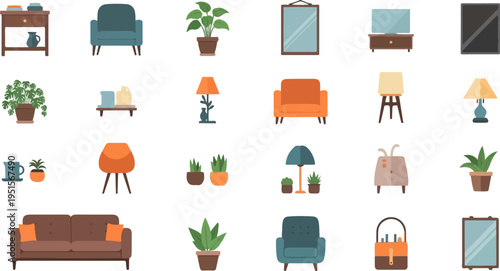 A pixel art collection of furniture and home decor items