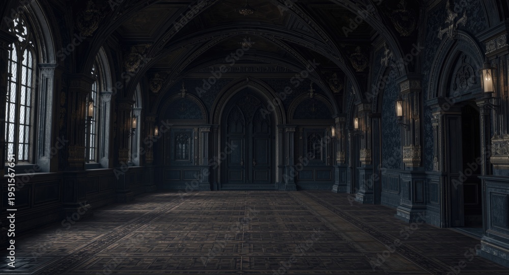Fototapeta premium Fantastical castle hall with a dark majestic interior setting