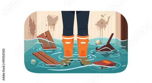 A person wearing orange rain boots stands in a flooded room with waterlogged wooden planks and a book floating around their feet.