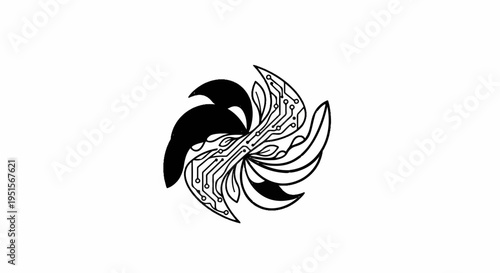 Abstract digital swirl with organic elements and circuit board lines