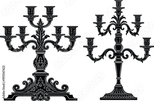 Elegant vintage candelabra silhouettes with ornate baroque details classic candle holder vector illustration set isolated on light background decorative luxury interior design