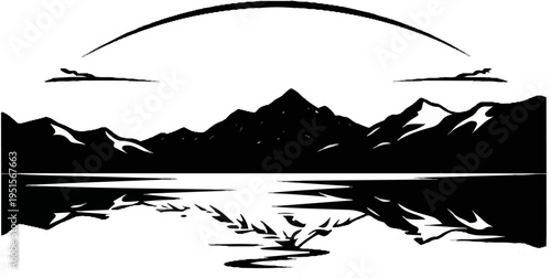 Stylized graphic of a mountain range reflecting in a calm lake under an arch