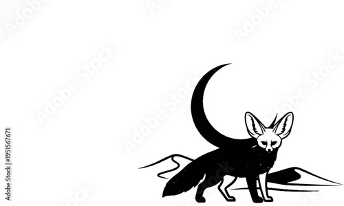 Stylized desert fox with large ears stands under a crescent moon
