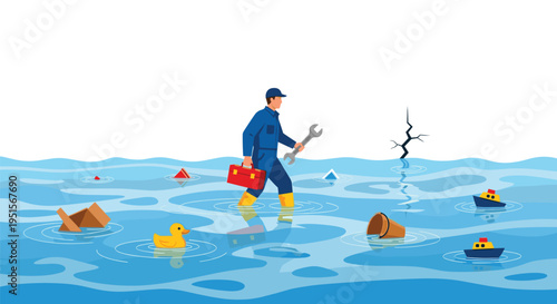 A male plumber in blue overalls and yellow boots walks through a flooded landscape carrying a red toolbox and a wrench.