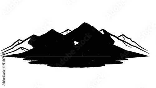 Stylized black mountains silhouette with reflection on water