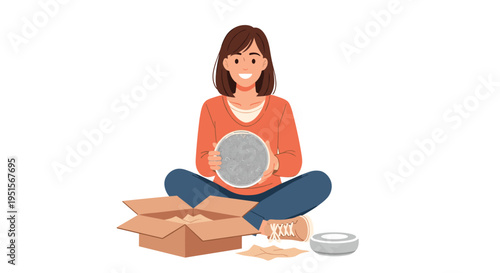 A smiling woman sits cross-legged on the floor holding a round grey object unboxed from a cardboard box.