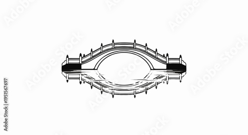 Stylized black and white sketch of an arched bridge reflected in water