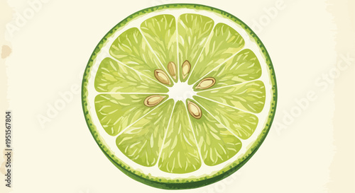 Close-up illustration of a fresh lime slice on a beige background with green and white details.