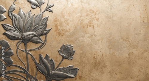 Lotus floral design etched through metalwork on a softly textured wall backdrop copy space